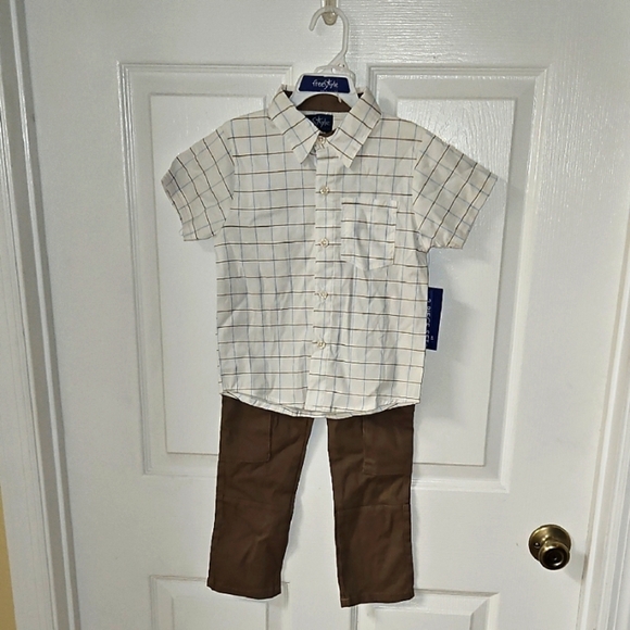 Freestyle 2 Piece Set White Button Down Blue Brown Stripe Sleeve Brown Cargo 5 - Picture 1 of 13